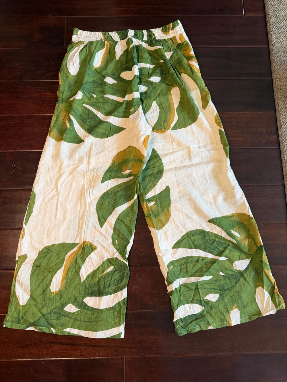 NWT Rachel Zoe Green Tropical Monstera Leaf Linen Rayon Wide Leg Pants L - Picture 2 of 6